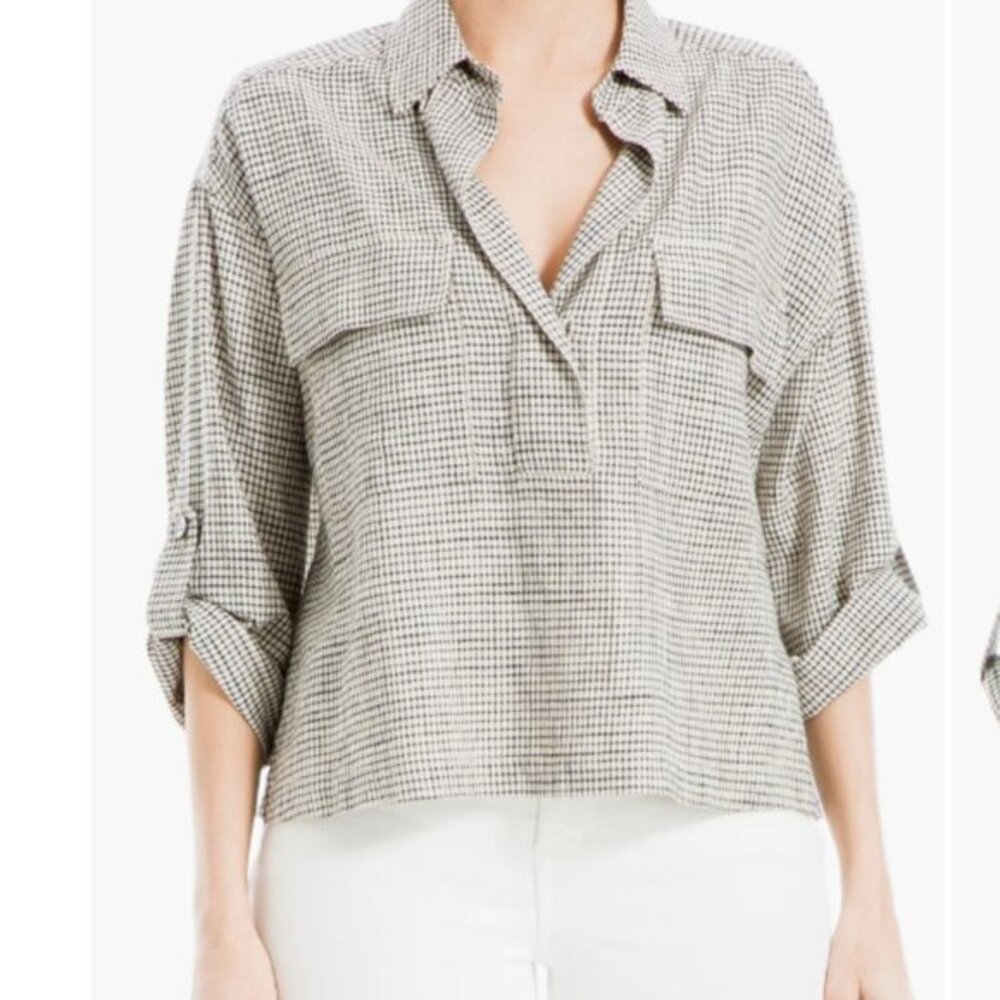 Max Studio London Minicheck Roll Tab Popover Blouse Size M NWT